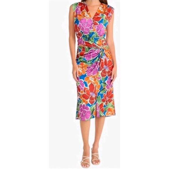 Maggy London Dress Sheath Size 6 Floral Sleeveless Blue Chilli V Neck Party NWT - Picture 2 of 16